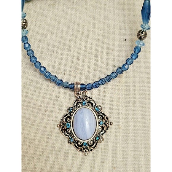 VTG 1928 Victorian Style Blue Lace Agate & Rhinestone Pendant Beaded Necklace - Picture 2 of 5